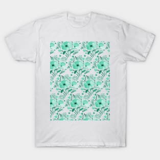 Watercolor poppies bouquet pattern - aqua T-Shirt